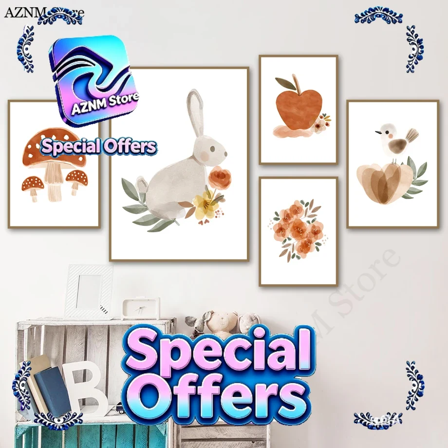 Baby Nursery Murals - Watercolor Flower Rabbit Bird Apple Mushroom