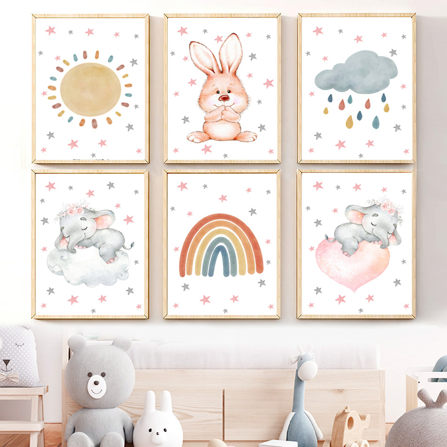 Baby Nursery Murals - Watercolor Nursery Wall Art Mural Canvas
