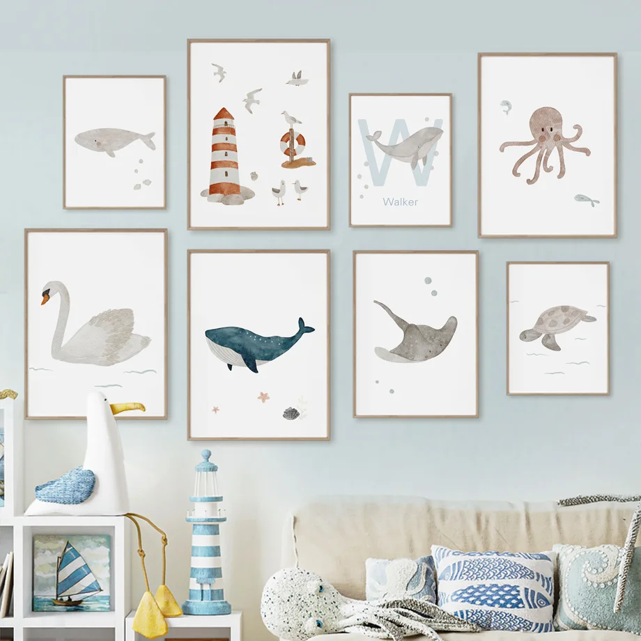 Baby Nursery Animal Prints - Name Whale Octopus Turtle Swan Sea