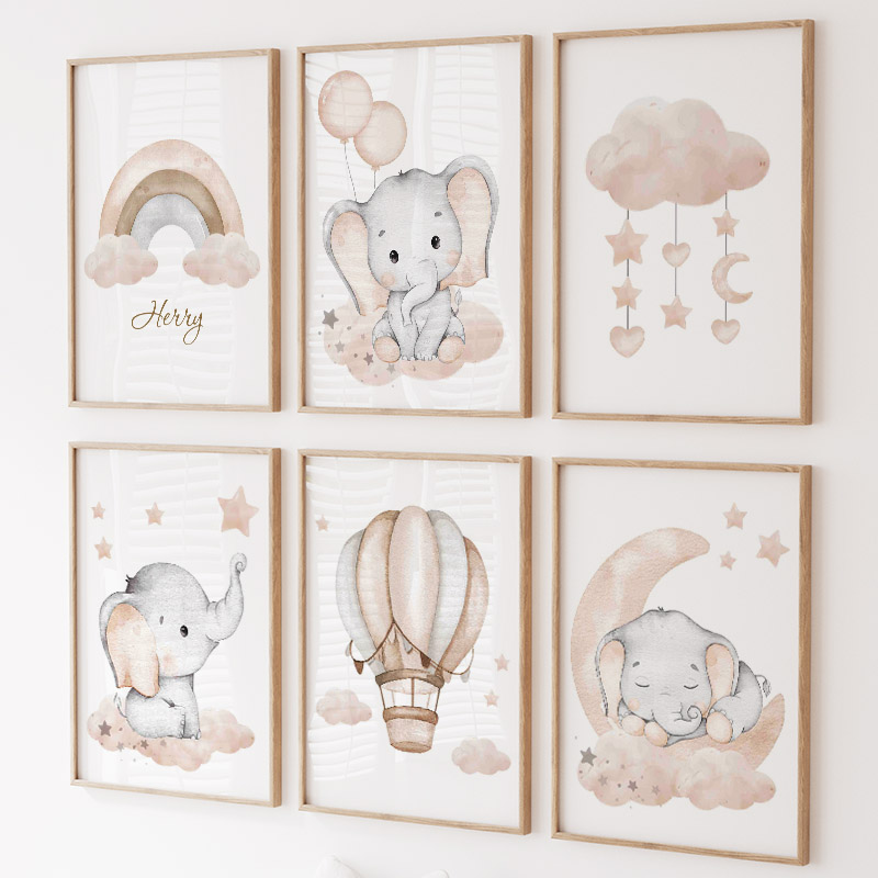 Baby Nursery Modern - Cute Elephant Hot Balloon Moon Rainbow