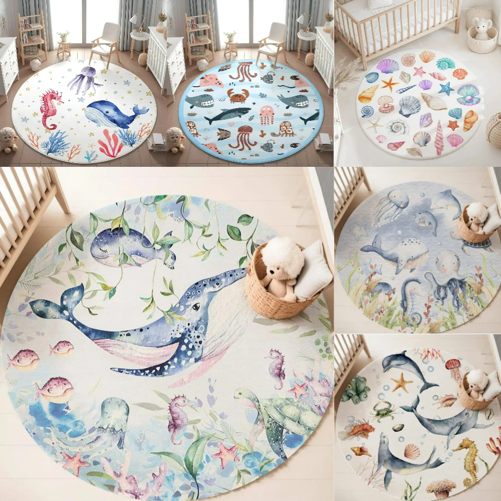 Blue Marine animal Round Carpe - огляд і ціна Baby Nursery Animal Prints